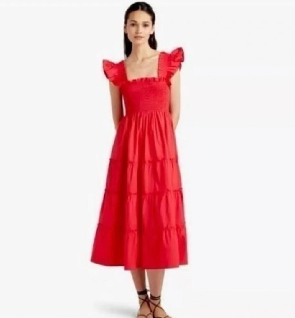 Hill House Red Midi Smocked Bodice Tiered Dress
